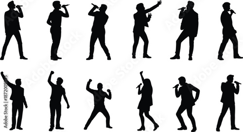 Silhouettes of singers performing on a white background singing microphone