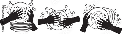 Hands washing dishes in soap bubbles silhouette illustration set