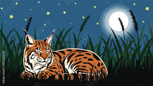 Wild cat resting under moonlight in tall grass, nighttime wildlife scene in flat vector illustration with solid colors and clean outlines, peaceful nature and animal concept