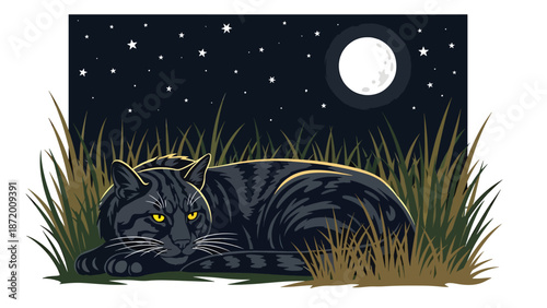 Wild cat resting under moonlight in tall grass, nighttime wildlife scene in flat vector illustration with solid colors and clean outlines, peaceful nature and animal concept