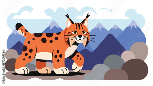 Wild cat walking across rocky terrain in a natural landscape, flat vector illustration with solid colors and clean outlines, strong wildlife presence for nature concepts