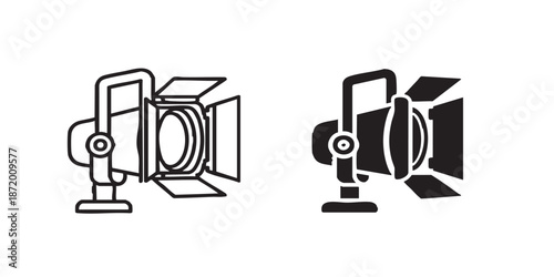 Stage spotlight vector icon in outline and filled style, theater lighting symbol, professional lighting equipment with light beam, clean black line and solid design, minimal flat icon, isolated on tra