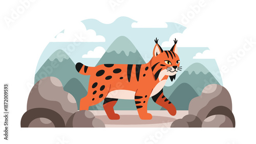 Wild cat walking across rocky terrain in a natural landscape, flat vector illustration with solid colors and clean outlines, strong wildlife presence for nature concepts