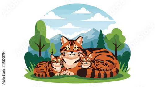 Wild cat family resting together in a peaceful natural habitat, flat vector illustration with solid colors and clean outlines, warm wildlife bonding scene for animal themes