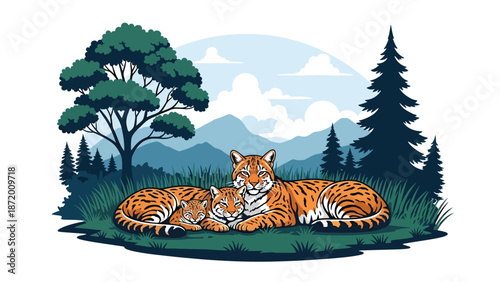 Wild cat family resting together in a peaceful natural habitat, flat vector illustration with solid colors and clean outlines, warm wildlife bonding scene for animal themes