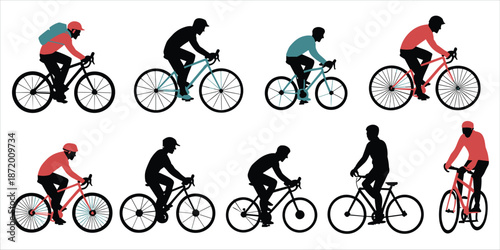 Ten Cyclist Silhouettes with Colored Clothing and Bicycles bike rider