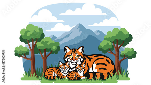Wild cat family resting together in a peaceful natural habitat, flat vector illustration with solid colors and clean outlines, warm wildlife bonding scene for animal themes