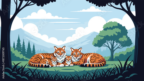 Wild cat family resting together in a peaceful natural habitat, flat vector illustration with solid colors and clean outlines, warm wildlife bonding scene for animal themes