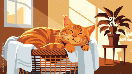 Cute domestic cat resting inside a laundry basket, flat vector illustration with solid colors and clean outlines, cozy pet lifestyle scene perfect for home comfort concepts