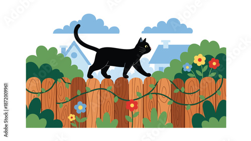 Pet cat walking along a garden fence in a suburban outdoor setting, flat vector illustration with solid colors and clean outlines, calm everyday pet activity scene
