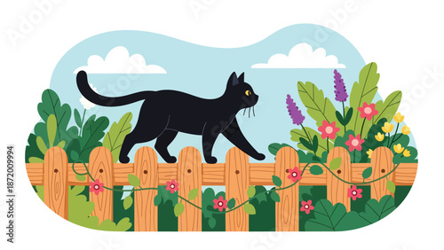 Pet cat walking along a garden fence in a suburban outdoor setting, flat vector illustration with solid colors and clean outlines, calm everyday pet activity scene