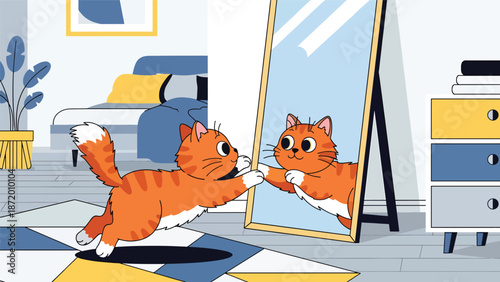 Curious cat playing with its reflection in a mirror, flat vector illustration with solid colors and clean outlines, humorous indoor pet behavior scene for lifestyle visuals
