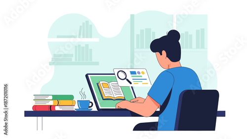 Online Learning: Person Studying on Laptop with Books and Coffee