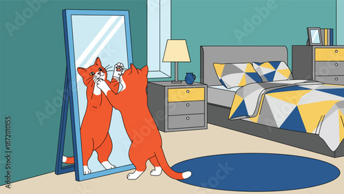 Curious cat playing with its reflection in a mirror, flat vector illustration with solid colors and clean outlines, humorous indoor pet behavior scene for lifestyle visuals