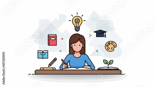 Student learning and developing ideas at a desk with educational symbols