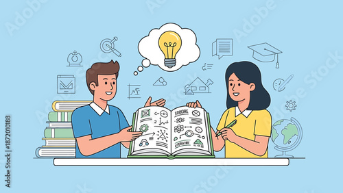 Students collaborating and sharing ideas, learning and brainstorming with a lightbulb inspiration