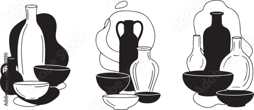 Simple black and white kitchenware illustrations set