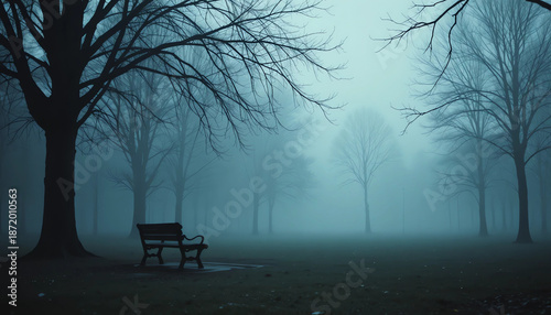 Lonely bench in foggy park, emotional storytelling, soft desaturated colors