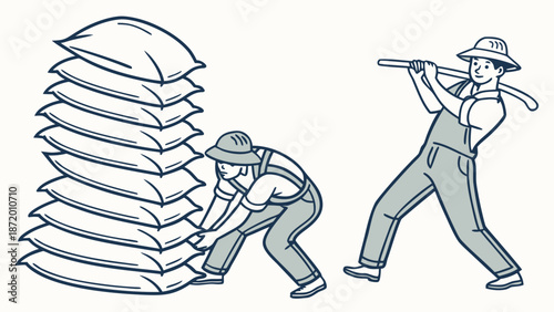 Two farmers are stacking sacks of grain in a field, one farmer is lifting a sack while the other is carrying a pole over his shoulder.