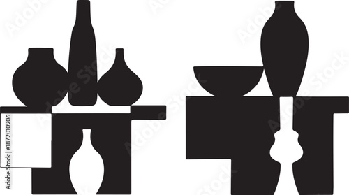 Geometric shapes and vases in black and white illustration