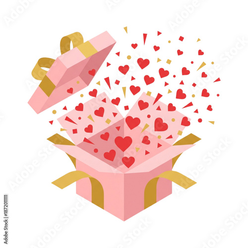 Illustration of a pink gift box overflowing with red hearts and confetti