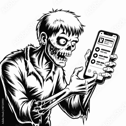 High contrast vector of zombie with glowing smartphone – Perfect for spooky tech news, undead social media engagement, or horror-themed mobile apps.
