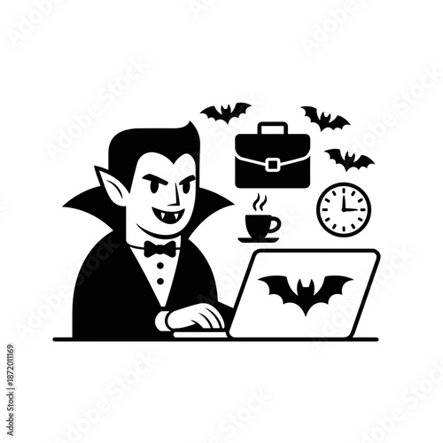 Monochrome vampire freelancer working on laptop, self-employment vector – Perfect for remote work articles, self-starter concepts, or Halloween-themed business blogs.
