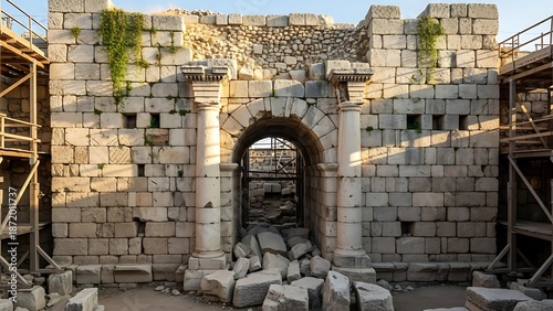Ancient stone archway and wall ruins with scaffolding, suggesting ongoing archaeological restoration work.