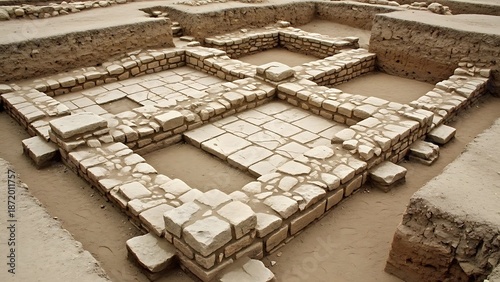 Archaeological excavation site revealing ancient stone foundations and walls of a historical settlement.