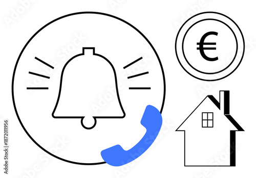 Communication, financial services, home notifications, reminders, property management, alerts. Circular bell icon, euro symbol house and phone. Communication and financial services conceptual