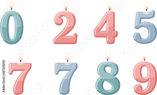 Birthday candles in shape of numbers zero to nine in soft pastel colors
