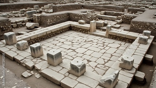 Ancient archaeological ruins of a paved courtyard with stone foundations and column bases at an excavation site.