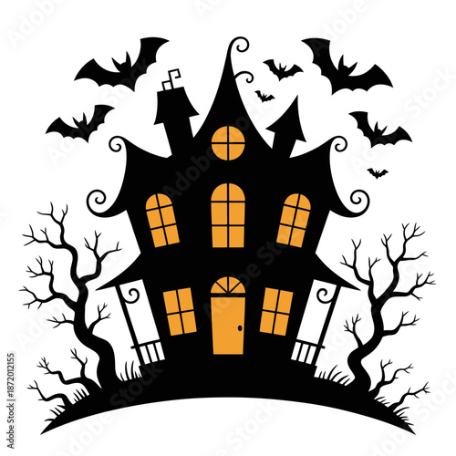 A ghostly house stands amidst barren trees, its windows aglow with mysterious light