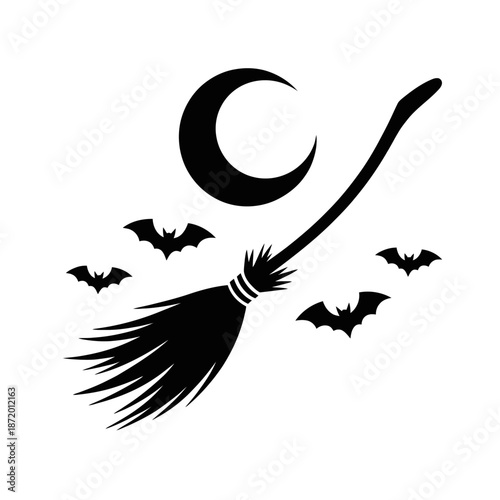 A silhouette of a crescent moon hovers over a flying broomstick surrounded by bats