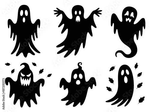 Six playful ghost silhouettes. Each ghost has a unique shape and facial expression, adding character to the composition.