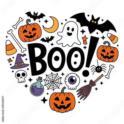 Halloween-themed elements are arranged in a heart shape, featuring a ghost, bats, pumpkins, and the word BOO