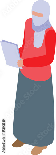 Muslim woman wearing a hijab holds documents, representing education, career, and empowerment within her community