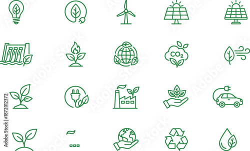 Eco sustainability and renewable energy line icons set, green technology, solar wind power, carbon reduction, environmental protection, clean future vector