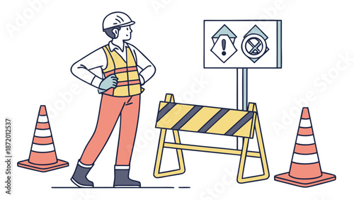 A construction worker stands near traffic cones and a barrier, with warning signs overhead.