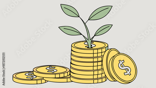 A plant sprouts from a stack of gold coins, symbolizing financial growth and investment.