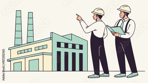 Two engineers inspecting an industrial building with a factory.