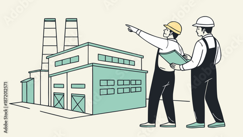 Two construction workers examining industrial building plans.