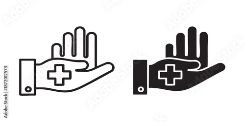 Hand with medical cross vector icon, first aid and humanitarian aid symbol, outline and filled style, clean black line and solid design, minimal flat icon, isolated on transparent background, suitable