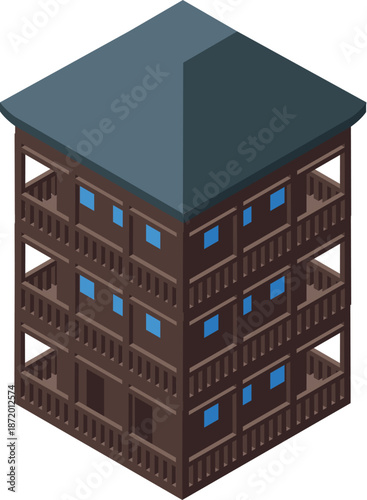 Wooden multi story building with balconies and blue windows, creating a classic architectural design