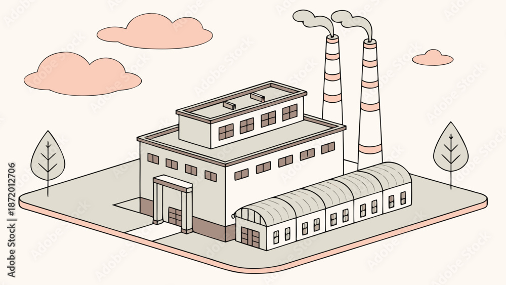 Naklejka premium Industrial factory building with smokestacks and trees.