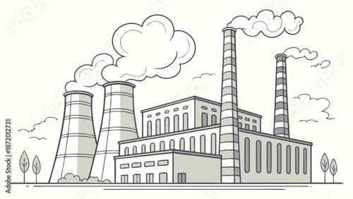 Grayscale illustration depicting a power plant or factory with tall smokestacks emitting smoke and large cooling towers.