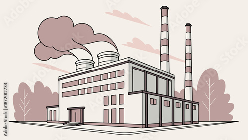 Industrial factory building with smokestacks and pollution.