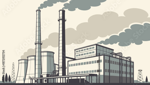 Industrial factory complex with tall smokestacks and cooling towers emitting smoke into the sky, illustrating air pollution.