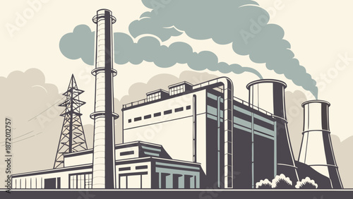 Industrial factory with smokestacks and power lines.