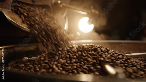 A captivating close-up shot reveals an abundant stream of freshly roasted coffee beans cascading from an industrial-style roaster into a cooling tray. The rich, dark brown beans tumble and pile up, cr